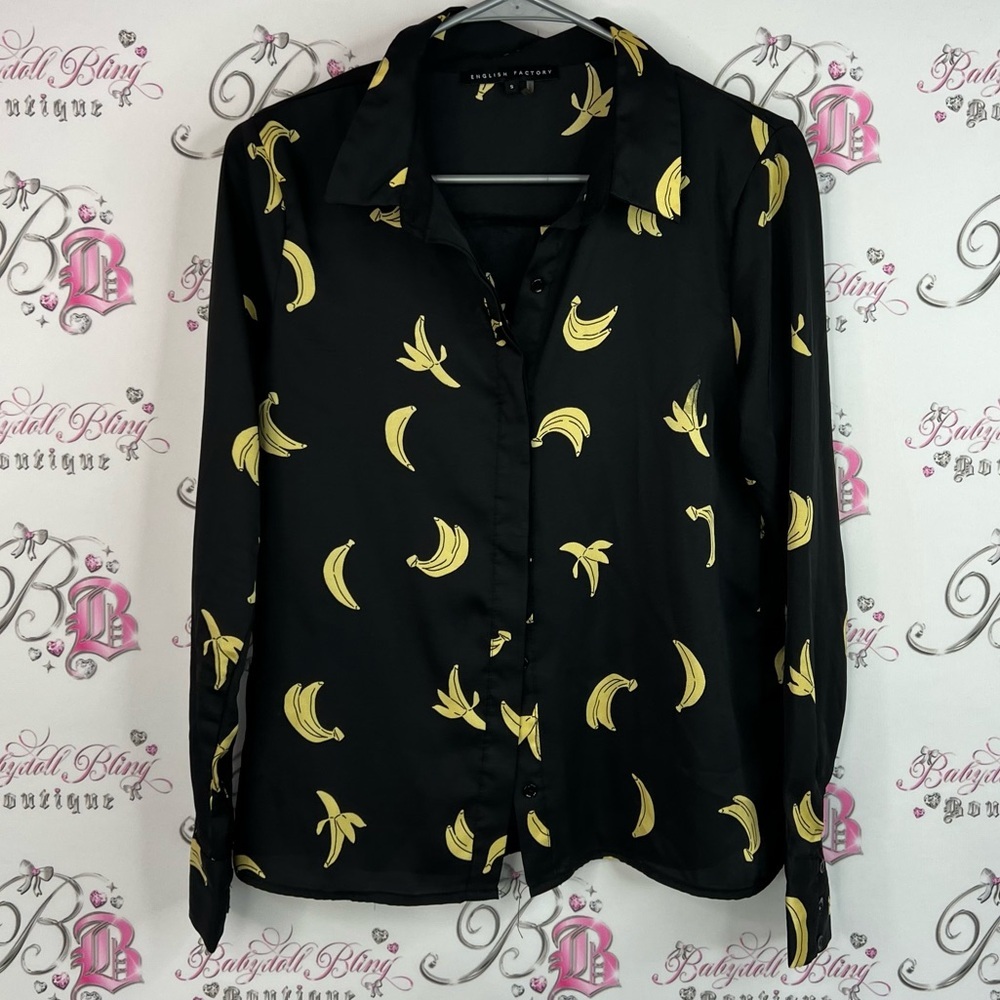 English Factory button down bananas 🍌 Black and Yellow Banana Print Blouse